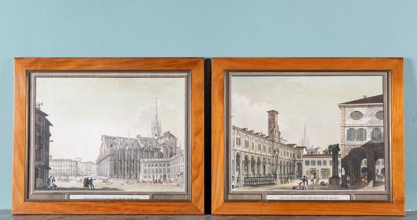 Gruppo di cinque incisioni acquerellate con vedute di Milano. XIX secolo  - Asta ECLECTICA, the home of designer Nicol Castellini Baldissera - Associazione Nazionale - Case d'Asta italiane