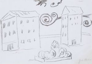 Giorgio de Chirico : Due case collegate da raggi con una statua giacente  - Asta ECLECTICA, the home of designer Nicol Castellini Baldissera - Associazione Nazionale - Case d'Asta italiane