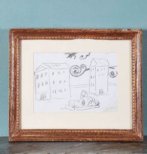 Giorgio de Chirico : Due case collegate da raggi con una statua giacente  - Asta ECLECTICA, the home of designer Nicol Castellini Baldissera - Associazione Nazionale - Case d'Asta italiane