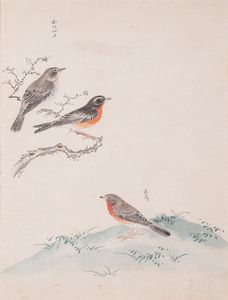 Tre stampe acquerellate su carta a tema ornitologico con iscrizioni. Giappone, XX secolo  - Asta ECLECTICA, the home of designer Nicol Castellini Baldissera - Associazione Nazionale - Case d'Asta italiane