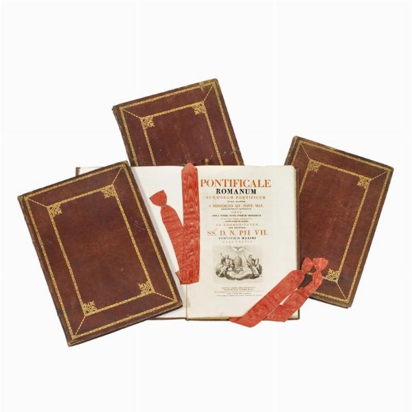 (Legature)   Lotto di 4 Pontificali Romani in marocchino rosso. XIX secolo.  - Asta Libri, manoscritti e autografi - Associazione Nazionale - Case d'Asta italiane