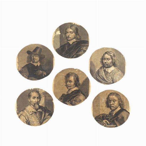 Lotto di 6 ritratti calcografici di pittori olandesi. XVIII secolo.   Controfondati o intelati, diametro ca. 12&deg; mm.  - Asta Libri, manoscritti e autografi - Associazione Nazionale - Case d'Asta italiane
