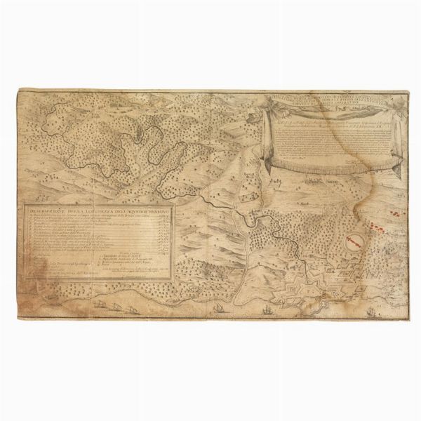 (Roma)   Pianta del nuovo aquedotto che conduce l&rsquo;acqua a Civita Vechia fabricato in parte sopra le ruvine dell&rsquo;antico construtto da Traiano Imperatore.     [1690-1699].   Incisione calcografica di Alessandro Specchi su disegno di Cintius Florus, stampata da Domenico de Rossi. 344 x 540 mm. Margini rifilati, intelata.  - Asta Libri, manoscritti e autografi - Associazione Nazionale - Case d'Asta italiane