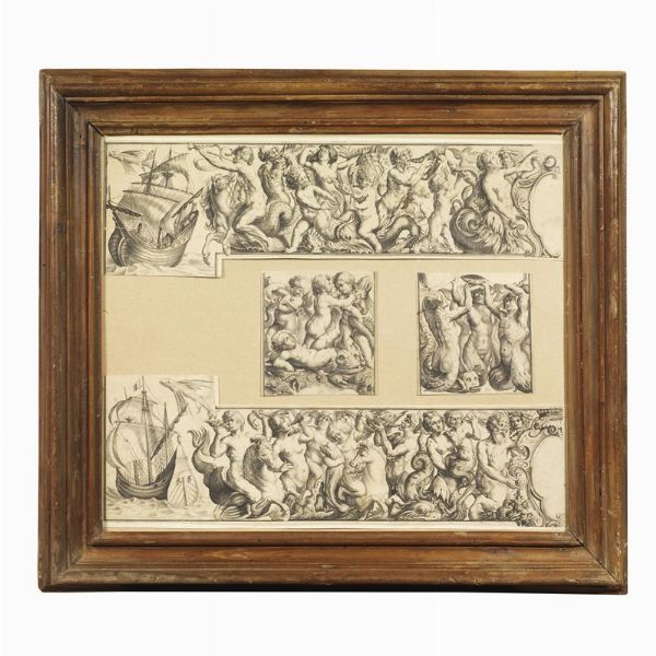 Serie di ritagli di fini incisioni su rame raffiguranti divinit&agrave; e creature marine, e velieri, in cornice di legno naturale (ca. 560 x 494 mm). Fine XVII/inizi XVIII secolo.  - Asta Libri, manoscritti e autografi - Associazione Nazionale - Case d'Asta italiane