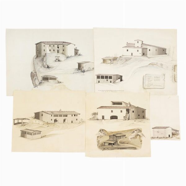 (Toscana)   Lotto comprendente 5 disegni di edifici agresti. Toscana, periodo lorenese, ca. 1770.  - Asta Libri, manoscritti e autografi - Associazione Nazionale - Case d'Asta italiane