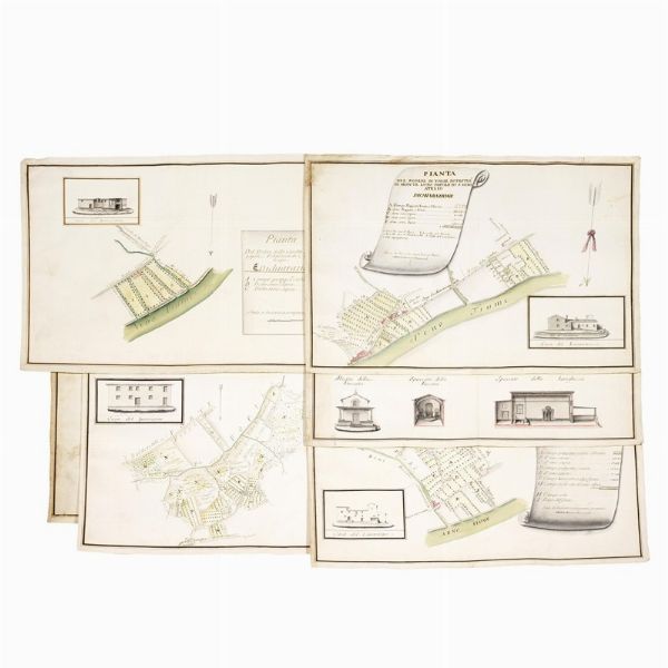 (Monte Lupo)   Lotto di 8 grandi cabrei relativi alla zona di Monte Lupo in provincia di Firenze, di cui tre incorniciati, oltre a una disegno architettonico di cappella. Toscana, periodo lorenese, ca. 1770.  - Asta Libri, manoscritti e autografi - Associazione Nazionale - Case d'Asta italiane