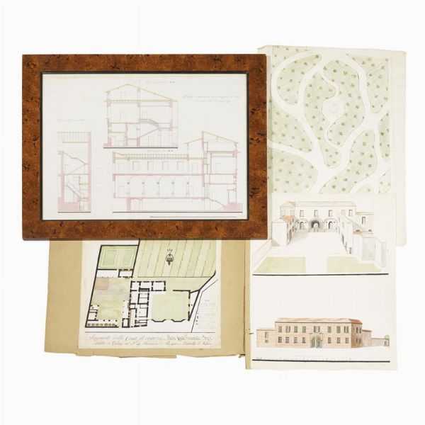 (Bergamo)   Lotto comprendente 22 disegni originali relativi a Palazzo Vimercati Sozzi, di cui 7 in cornice. Bergamo, XIX secolo.  - Asta Libri, manoscritti e autografi - Associazione Nazionale - Case d'Asta italiane