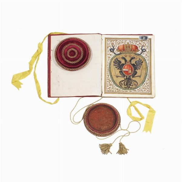 Patente di nobilt&agrave; del 1717: Carlo VI d&rsquo;Asburgo (1685-1740) concede il titolo di Marchese a Cardolo Maria Pianetti (1676-1743).  - Asta Libri, manoscritti e autografi - Associazione Nazionale - Case d'Asta italiane