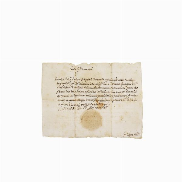BORROMEO, San Carlo (1538-1584).     Lettera firmata &ldquo;Carolus Car.lis Borromeus&rdquo;, di argomento di difesa militare, scritta a Roma il 24 novembre 1561  , una pagina di 285 x 210 mm, sigillo cartaceo in calce, nella quale il Cardinale richiede agli abitanti di Civitavecchia di prestare al Capitano Andrea Velli, incaricato di costruire una torre nel porto, &ldquo;ogni aiuto cos&igrave; dell&rsquo;opere personali come d&rsquo;ogne altra cosa necessaria&rdquo;. -- Tracce del tempo.  - Asta Libri, manoscritti e autografi - Associazione Nazionale - Case d'Asta italiane