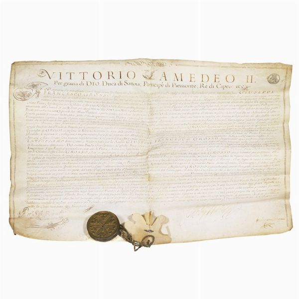(Savoia)   Vittorio Amedeo II di Savoia (1666-1732) investe Giuseppe Francesco Grosso dei feudi di Chiano e di Brusolo, 1662-1680.  - Asta Libri, manoscritti e autografi - Associazione Nazionale - Case d'Asta italiane