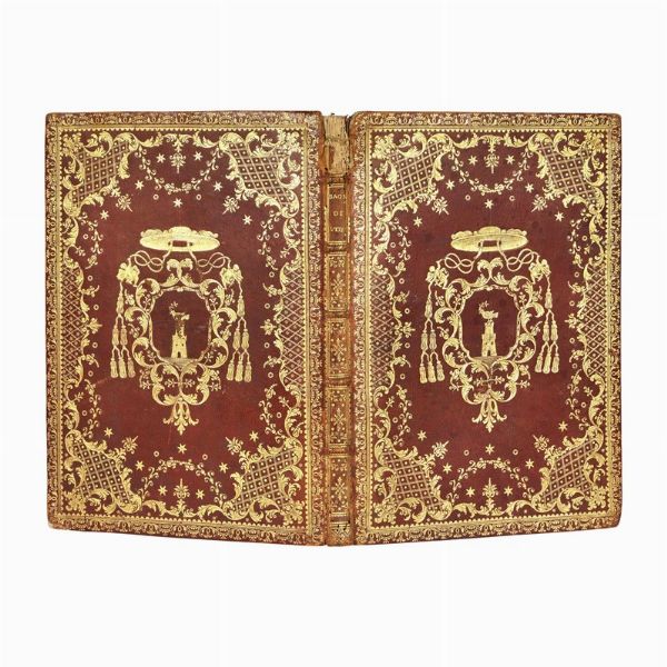 (Legatura)   Sontuosa legatura in marocchino rosso alle armi di prelato. XVIII secolo.  - Asta Libri, manoscritti e autografi - Associazione Nazionale - Case d'Asta italiane