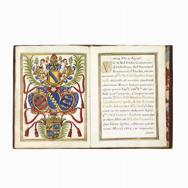 (Manoscritti - Legature)   Manoscritto miniato su pergamena, relativo alla famiglia Giovanelli, 1688, in pregiata legatura coeva.  - Asta Libri, manoscritti e autografi - Associazione Nazionale - Case d'Asta italiane