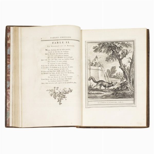 (Classici - Illustrati 700)   LA FONTAINE, Jean de.   Fables choisies, mises en vers par J. de La Fontaine. Tome premier [-quatri&egrave;me].   A Paris, chez Desaint & Saillant, chez Durand, de l&rsquo;imprimerie de Charles-Antoine Jombert, 1755-1759.  - Asta Libri, manoscritti e autografi - Associazione Nazionale - Case d'Asta italiane