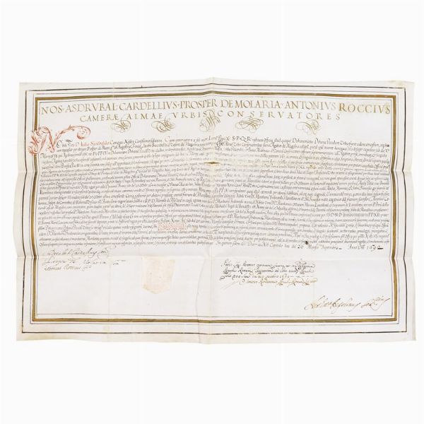 Patente d&rsquo;officio di Doganiere del Bestiame di Toma concesso a Giulio Sinibaldi e ai suoi successori. Roma, 1690.  - Asta Libri, manoscritti e autografi - Associazione Nazionale - Case d'Asta italiane