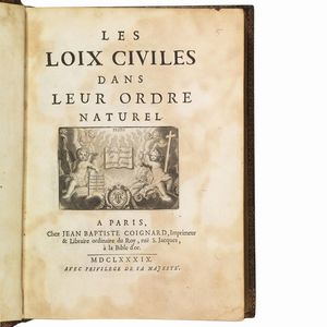 (Legatura alle armi - Legge)   DOMAT, Jean.   Les loix civiles dans leur ordre naturel.   A Paris, chez Jean Baptiste Coignard, 1689.  - Asta Libri, manoscritti e autografi - Associazione Nazionale - Case d'Asta italiane