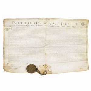 (Savoia)   Vittorio Amedeo II di Savoia (1666-1732) investe Giuseppe Francesco Grosso dei feudi di Chiano e di Brusolo, 1662-1680.  - Asta Libri, manoscritti e autografi - Associazione Nazionale - Case d'Asta italiane