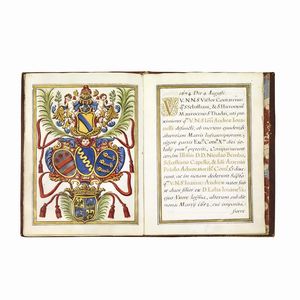 (Manoscritti - Legature)   Manoscritto miniato su pergamena, relativo alla famiglia Giovanelli, 1688, in pregiata legatura coeva.  - Asta Libri, manoscritti e autografi - Associazione Nazionale - Case d'Asta italiane