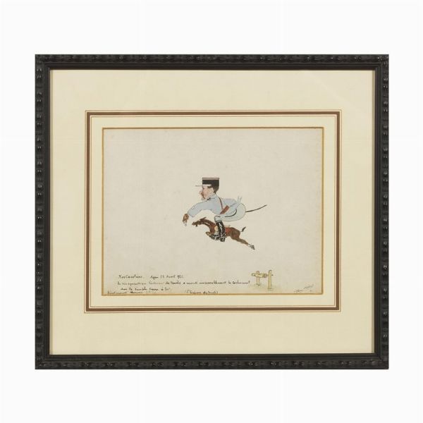 LOTTO DI QUATTRO CARICATURE DI SPORT EQUESTRI FIRMATE "PIERRE VILLARD" E DATATE 1922 E DUE DISEGNI DI CARROZZA  - Asta Opere su carta: disegni e stampe dal XVI al XIX secolo  - Associazione Nazionale - Case d'Asta italiane