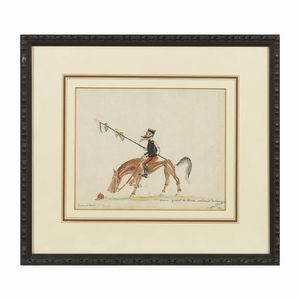 LOTTO DI QUATTRO CARICATURE DI SPORT EQUESTRI FIRMATE "PIERRE VILLARD" E DATATE 1922 E DUE DISEGNI DI CARROZZA  - Asta Opere su carta: disegni e stampe dal XVI al XIX secolo  - Associazione Nazionale - Case d'Asta italiane