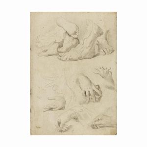 LOTTO DI DUE DISEGNI DEL SEC. XVIII, UNO STUDIO DI TESTA DI PUTTO E STUDI DI MANI E PIEDI  - Asta Opere su carta: disegni e stampe dal XVI al XIX secolo  - Associazione Nazionale - Case d'Asta italiane
