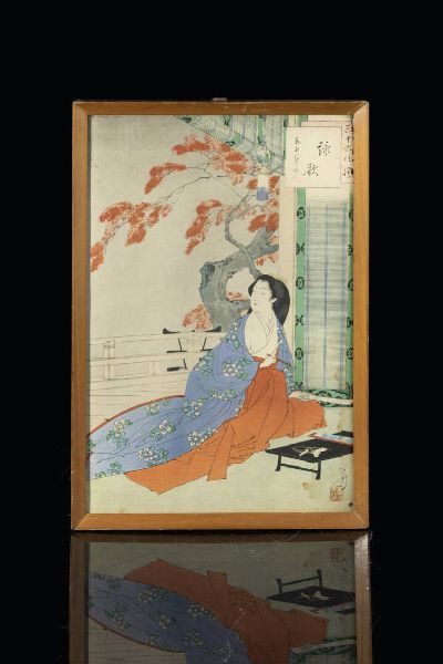 DIPINTO : Dipinto raffigurante donna  Giappone  XX secolo. h cm 31x21  - Asta Arte Orientale - Associazione Nazionale - Case d'Asta italiane