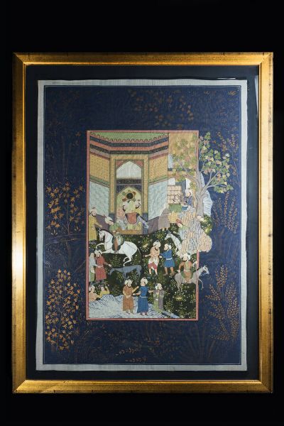 QUADRO : Quadro Moghul-Batik su seta  India  XX secolo. h cm113x 82  - Asta Arte Orientale - Associazione Nazionale - Case d'Asta italiane