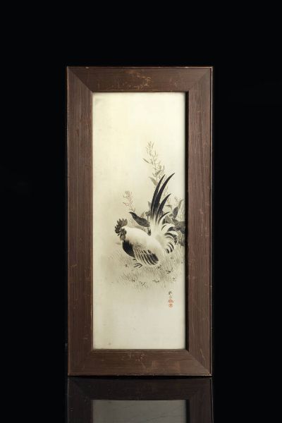 DIPINTO : Dipinto su carta rappresentante gallo  Giappone  inizi XX secolo. h cm 56 5x26  - Asta Arte Orientale - Associazione Nazionale - Case d'Asta italiane