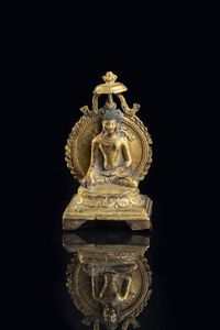BUDDHA - Scultura in bronzo dorato rappresentante Buddha seduto  Cina  dianastia Qing  XIX secolo. h cm 14x7 5x6