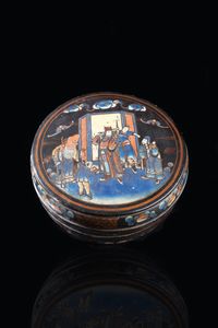 SCATOLA TONDA - Scatola tonda in lacca nera dipinta con personaggi Cina  XX secolo. h cm 14 5x33