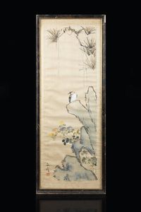 DIPINTO SU SETA CON CORNICE - Dipinto su seta con cornice  Cina  dinastia Qing  XX secolo. h cm 70x27