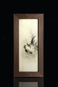 DIPINTO - Dipinto su carta rappresentante gallo  Giappone  inizi XX secolo. h cm 56 5x26
