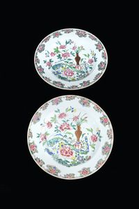 COPPIA DI PIATTI - Coppia di piatti Famiglia Rosa dipinti con fiori  Cina  dinastia Qing  XVIII secolo. diam. cm 28 5