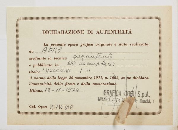 BASALDELLA AFRO (1912 - 1976) : Vulcani 1.  - Asta Asta 368 | ARTE MODERNA E CONTEMPORANEA Tradizionale - Associazione Nazionale - Case d'Asta italiane