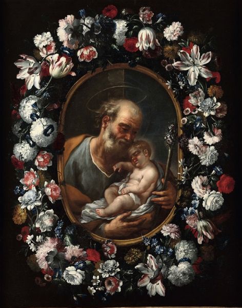 Brueghel Abraham : San Giuseppe con Bambino entro ghirlanda di fiori  - Asta Dipinti Antichi - Associazione Nazionale - Case d'Asta italiane