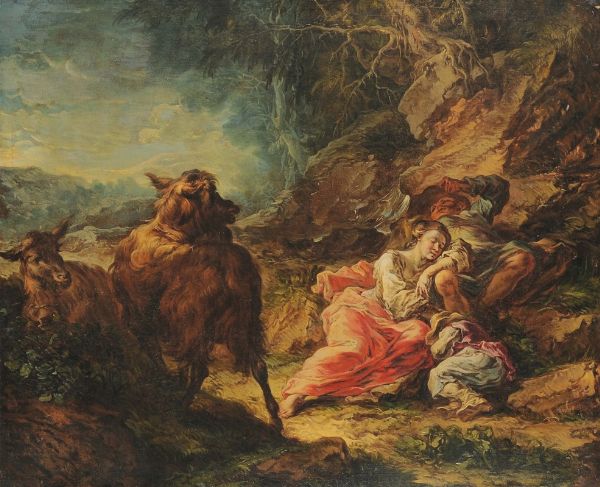 PIANCA GIUSEPPE ANTONIO : Famiglia di pastorelli in riposo con capre  - Asta Dipinti Antichi - Associazione Nazionale - Case d'Asta italiane
