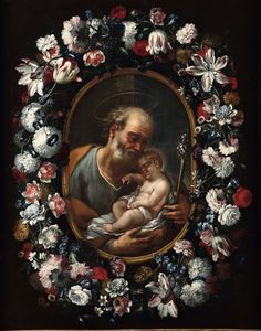 Brueghel Abraham - San Giuseppe con Bambino entro ghirlanda di fiori