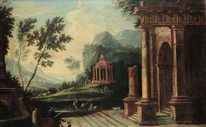 Cignaroli Vittorio Amedeo : Coppia di paesaggi con rovine e personaggi  - Asta Dipinti Antichi - Associazione Nazionale - Case d'Asta italiane