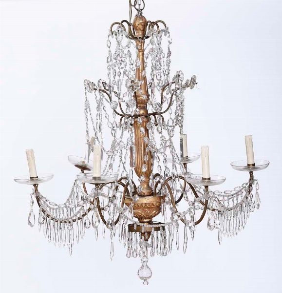 Coppia di Lampadari Luigi XVI in legno intagliato, dorato e cristalli Genova XVIII-XIX secolo  - Asta Antiquariato Giugno - Associazione Nazionale - Case d'Asta italiane