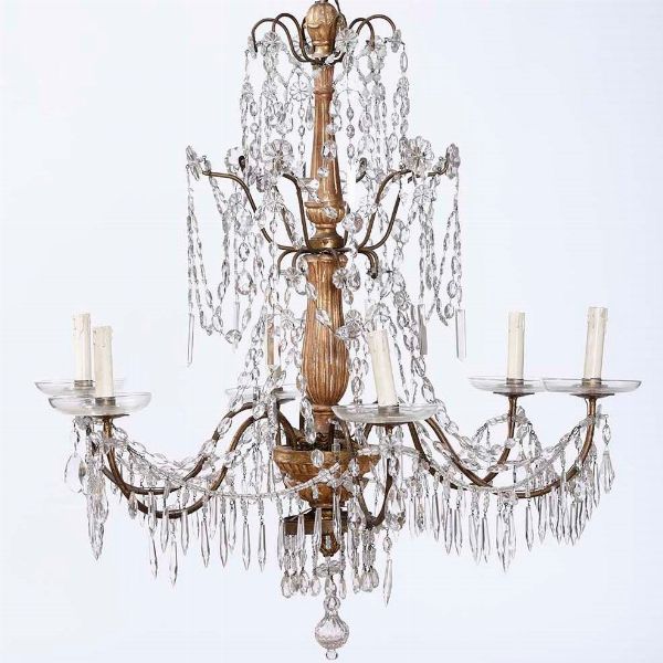 Coppia di Lampadari Luigi XVI in legno intagliato, dorato e cristalli Genova XVIII-XIX secolo  - Asta Antiquariato Giugno - Associazione Nazionale - Case d'Asta italiane