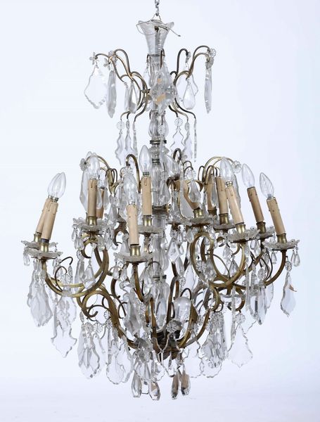 Lampadario in bronzo con pendenti in vetro molato, XIX secolo  - Asta Antiquariato Giugno - Associazione Nazionale - Case d'Asta italiane
