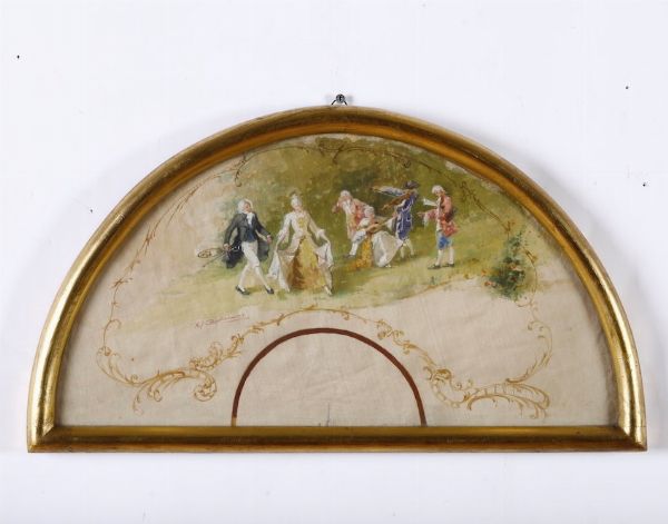 Pagina di ventaglio decorata in policromia a scena galante, in cornice  - Asta Antiquariato Giugno - Associazione Nazionale - Case d'Asta italiane