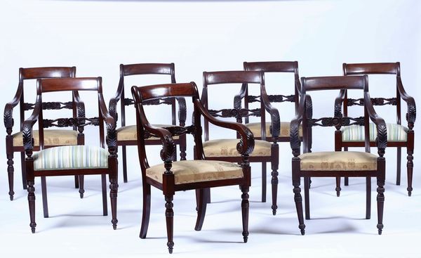 Gruppo di otto poltrone Carlo X in mogano. Genova, XIX-XX secolo<BR>�<BR>  - Asta Antiquariato Giugno - Associazione Nazionale - Case d'Asta italiane