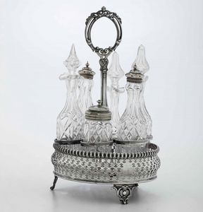 Porta olio e aceto in metallo argentato, boccette in vetro  - Asta Antiquariato Giugno - Associazione Nazionale - Case d'Asta italiane