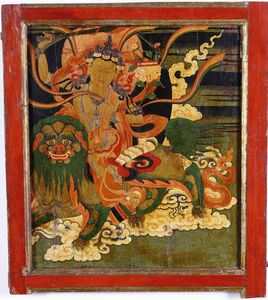 Pannello in legno dipinto raffigurante Guanyin assisa su drago. India-Tibet, XIX secolo  - Asta Antiquariato Giugno - Associazione Nazionale - Case d'Asta italiane