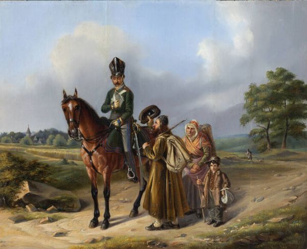 JACOB MUNK Berlino 1809 - 1885 : La partenza del soldato 1837  - Asta Antiquariato, Argenti, Dipinti e Sculture - Associazione Nazionale - Case d'Asta italiane