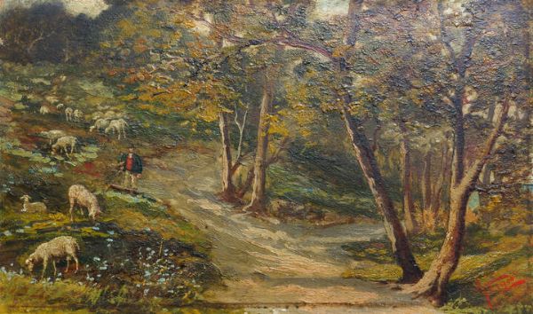 PITTORE NON IDENTIFICATO : Pascolo 1908  - Asta Antiquariato, Argenti, Dipinti e Sculture - Associazione Nazionale - Case d'Asta italiane