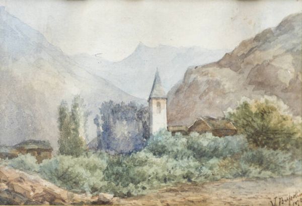 VITTORIO BUSSOLINO Torino 1853 - 1922 : Paesaggio con chiesetta 1872  - Asta Antiquariato, Argenti, Dipinti e Sculture - Associazione Nazionale - Case d'Asta italiane
