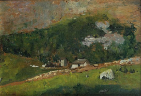 CESARE BISCARRA Torino 1866 - 1943 : Paesaggio montano con baite  - Asta Antiquariato, Argenti, Dipinti e Sculture - Associazione Nazionale - Case d'Asta italiane