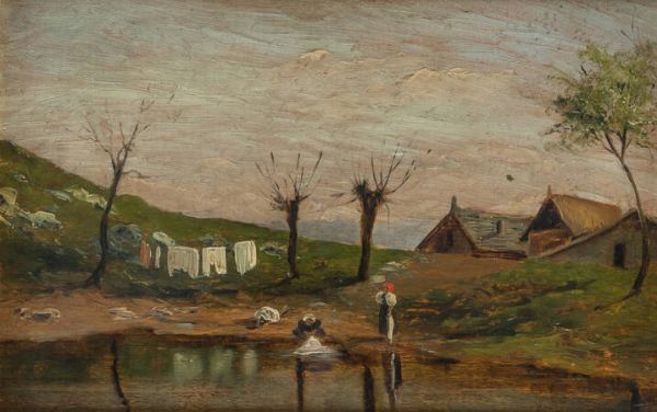 CESARE BISCARRA Torino 1866 - 1943 : Lavandaie 1898  - Asta Antiquariato, Argenti, Dipinti e Sculture - Associazione Nazionale - Case d'Asta italiane