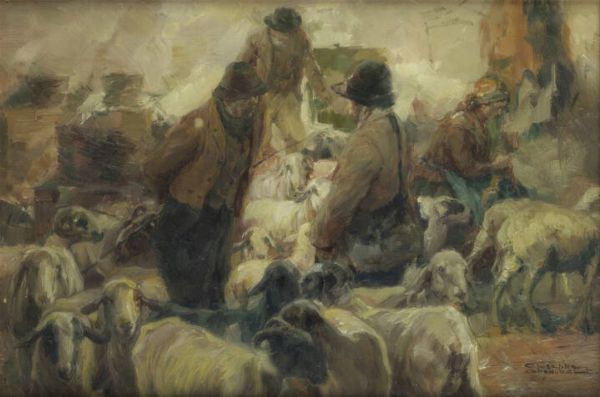 GIUSEPPE GHEDUZZI Crespellano (BO) 1889 - 1957 Torino : Uscite dall'ovile  - Asta Antiquariato, Argenti, Dipinti e Sculture - Associazione Nazionale - Case d'Asta italiane